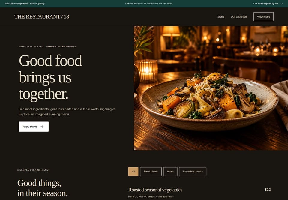 Preview of the fictional Restaurant / 18 website